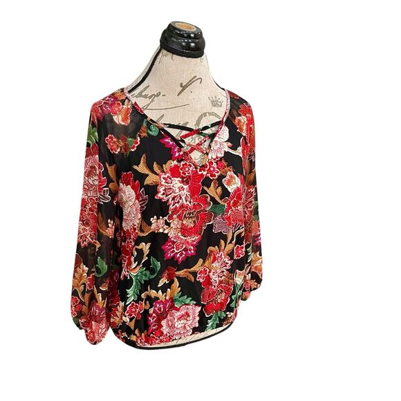 JM Collection Womens Blouse XS Long Sleeve Floral Boho Vacation Travel Resort - Picture 2 of 14